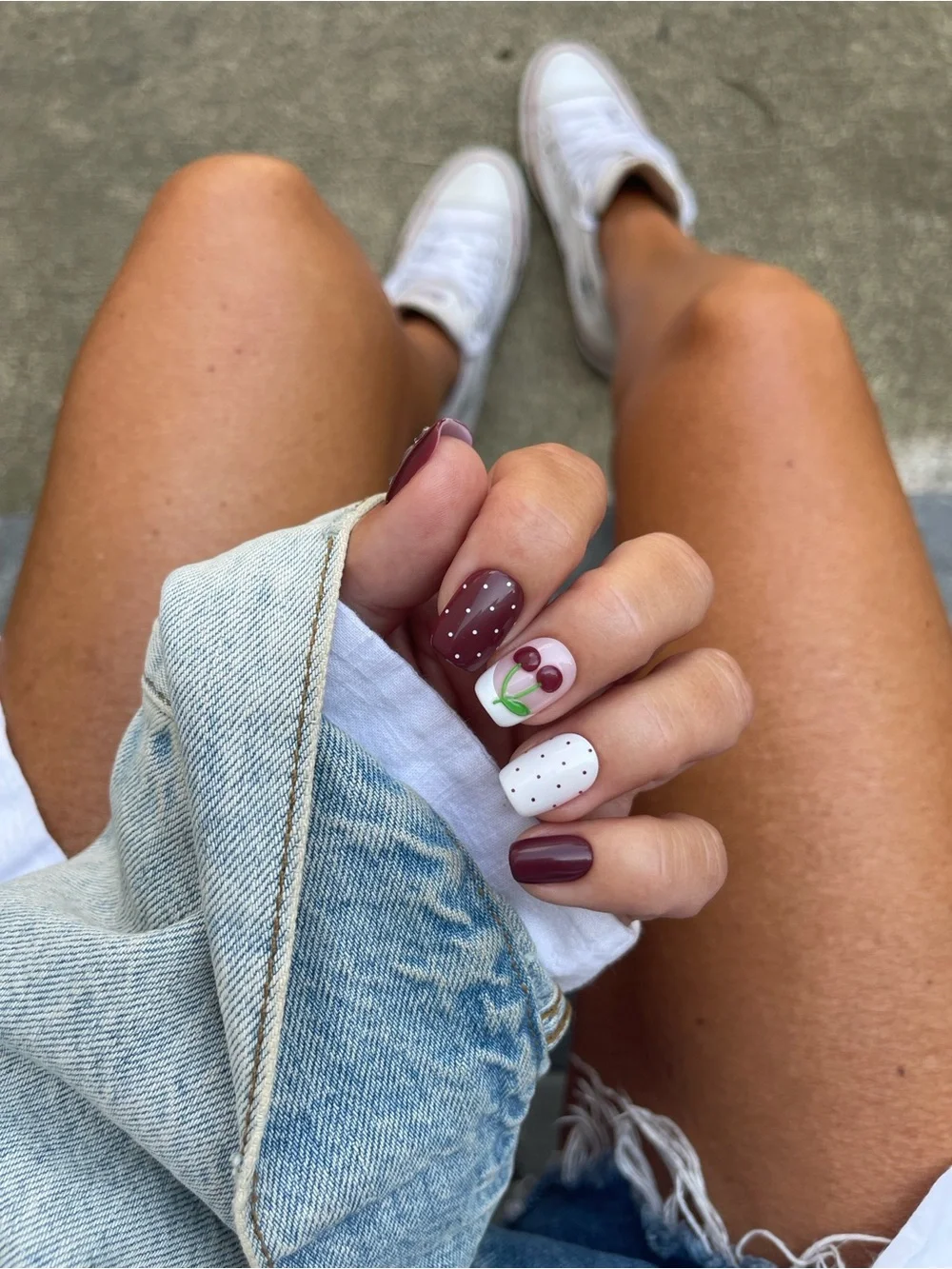 Red Aspen Picnic Play Date Burgundy & White Cherry Press-On Nails
